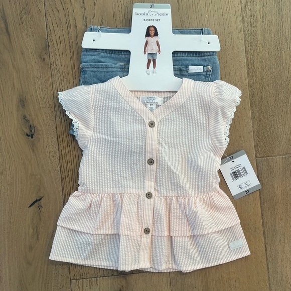 NWT Koala Kids Toddler Girl 3T Short Set Pink Seersucker Lace Summer Jean - Picture 1 of 9